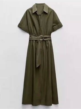 NWOT - Zara Linen-Blend Belted Shirt Dress in Green Khaki
